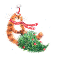 Colored pencil illustration of a New Year's Christmas ginger cat carrying a New Year's tree