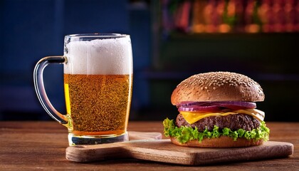 tasty hamburger and beer