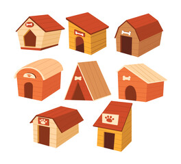 Set of dog house set collection cartoon, Dog accessory shop icon, petshop supermarket item, empty pet home with roof. House for domestic animal wildlife. Flat vector illustration