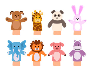 Set of funny animal hand puppets set collection, Cartoon toys from socks for kids or children, animals finger puppets with bear, giraffe, panda, rabbit, elephant, lion, pig, rhino vector illustration