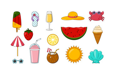 Cute Summer Cartoon Doodle Vector Icon Set. Fun Hand-Drawn Vacation Summer Elements collection isolated on white background. Travel Items for Posters, Patterns, Stickers, and Design Projects.