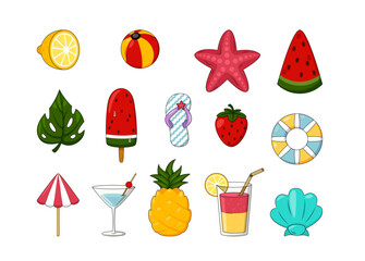 Cute Summer Cartoon Doodle Vector Icon Set. Fun Hand-Drawn Vacation Summer Elements collection isolated on white background. Travel Items for Posters, Patterns, Stickers, and Design Projects.