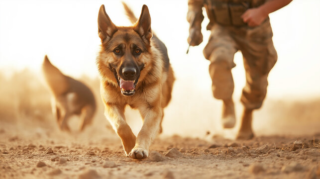 German shepherd sprinting toward camera, military handler trailing behind during desert training exercise - Powered by Adobe