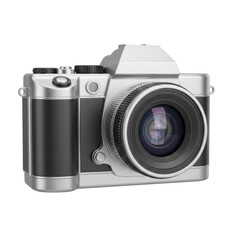 Retro-inspired silver and black camera with detailed lens design