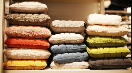 Close-up of stacked pet beds in multiple colors and soft textures on store shelf display, comfortable materials