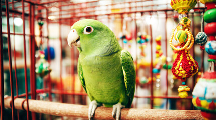 Macro shot of bright green parrot perched inside pet store cage surrounded by colorful hanging toys and accessories