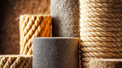 Macro shot of various cat scratching posts with fabric and rope textures in different shapes and sizes, pet store display