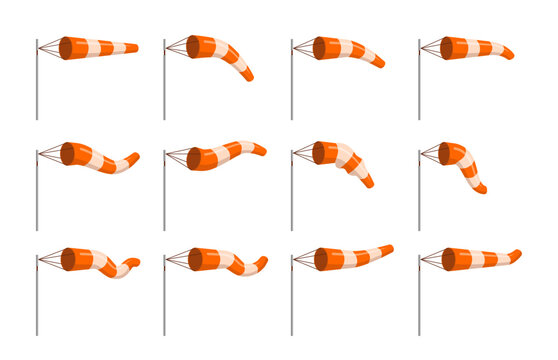 Set of windsock or wind sleeve set collection, windsock on a pole, wind speed, indicating wind direction and strength, sideview straight, weather indicator isolated on white background illustration