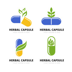 Set of herbal capsule logo set collection, pharmacy logo, Pill With Green Leaf, alternative and Homeopathy medicine concept, isolated on white background,  vector illustration