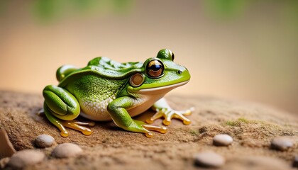 Naklejka premium single green frog sitting on land a cute green frog with brown eyes