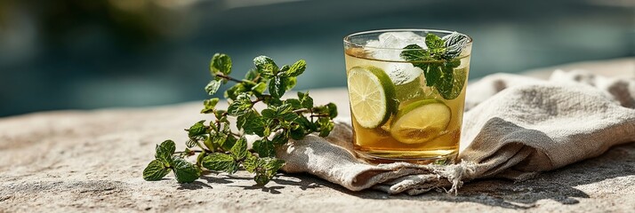 Banner with Iced tea with lime and mint leaves by the poolside offering refreshing escape from summer heat