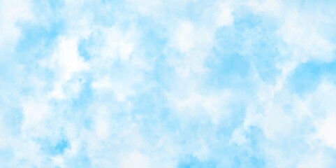 Blue sky with white clouds Abstract nature background of romantic summer. Sunny sky blue light watercolor aquarelle painting brush effect. Fantastic fuzzy and puffy blue sky for design.	