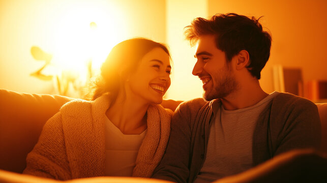 Romantic couple nestling together, sharing tender glances under soft lamplight, embodying intimate connection and closeness - Powered by Adobe