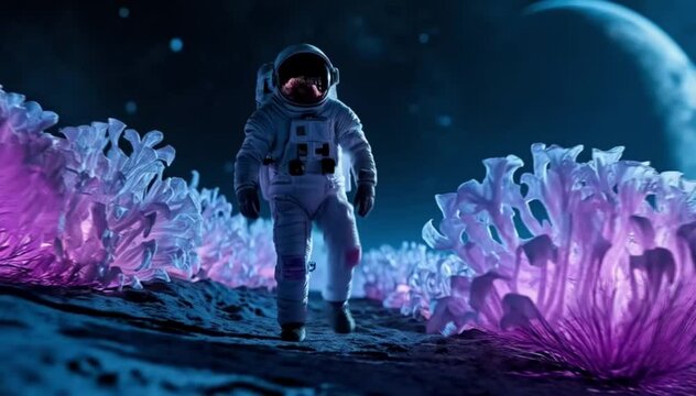 Astronaut Exploring Alien Landscape with Glowing Flora on Moon