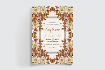WEDDING INVITATION FRAME WITH FLOWER DECORATIONS AND FRESH LEAVES