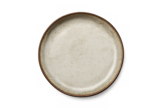Round beige empty plate with dark edges on a transparent background, perfect for showcasing food in a realistic setting