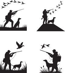 Hunter aiming at flying birds with dog hunting