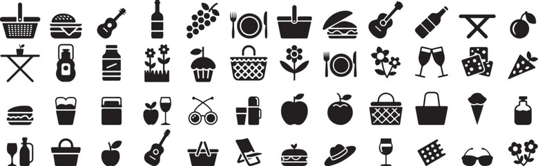 Picnic items food drink music and leisure black
