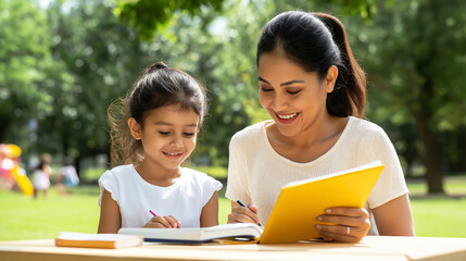 Happy mother and daughter reading and writing, enjoying a sunny day at the park, studying together at a picnic table