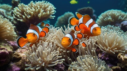 Sea fish search for food among swaying seaweed, creating a lively underwater scene full of color and life.