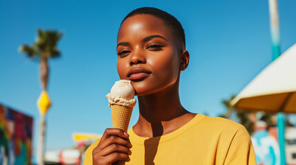 Young woman licking dripping chocolate ice cream cone, smiling while walking through colorful carnival midway on bright summer afternoon