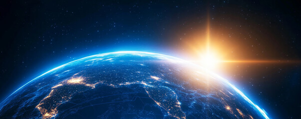 Holographic view of planet Earth rotating in space, showing sunrise and Western Europe illuminated by city lights at night