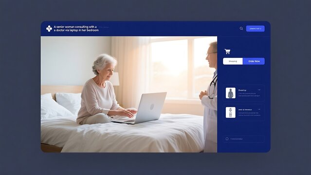a senior woman, elderly woman, caucasian woman, woman sitting on bed, woman using laptop in bedroom, telemedicine, online doctor consultation, bedroom interior, natural lighting, soft focus
