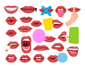 Set of lips expression icon set collection, Mouth Talking, Smile, Shout, Silence, Speak Bubble, Emoji, Cigarette, Kiss, Open, Closed, Emotion, Facial, Female, Cute, Icon, Bundle, Cartoon, Funny, Flat.