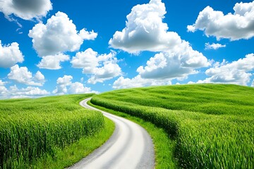Fototapeta premium Serene pathway winds through vibrant greenery under a cloudy blue sky