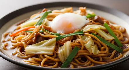 A delicious and appetizing plate of Japanese Yakisoba noodles with an egg. 