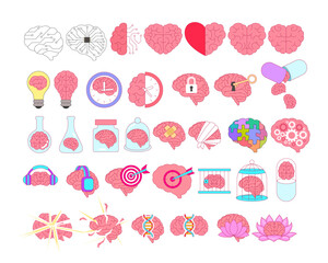 Set of Brain Icon Concept Set Collection Creative Mindset, Intelligence, Mental Health, Puzzle, DNA, Circuit, Meditation, Target, Focus, Heart, Idea, Logic, Therapy, Knowledge, Memory, Psychology, Zen
