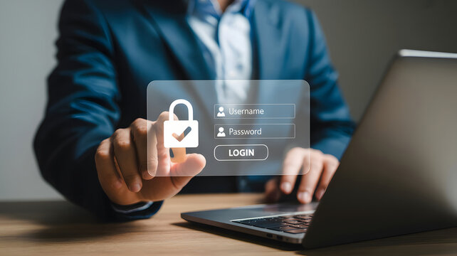 Online safety is protected by a login page on a laptop computer, showcasing cybersecurity and personal data protection with a visual interface.