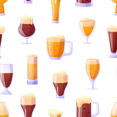 Beer seamless pattern. Different cartoon beer glasses. Tasty drink, oktoberfest festival design. Dark light beverages, adult pub drinks, vector background