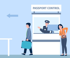 Border control in airport or port. Tourists show documents, border policeman. Flat travel concept, safety and comfort, vector illustration