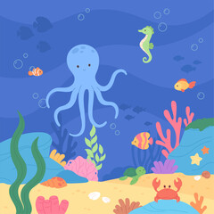 Cartoon underwater world illustration. Sea ocean life, seaweed, fish, octopus, turtle and crab. Fairytale landscape with funny characters, vector background