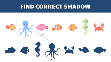 Children educational game with underwater characters. Cartoon fish, octopus, seahorse. Different ocean creatures. Kids development play vector template