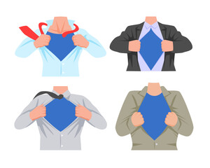 Set of man open shirt set collection with empty space or blank space for text. Comic superhero concept, businessman or brave father reveal costume fashion symbol or logo. Vector illustration