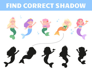 Find correct mermaid shadow. Children educational development game with funny cartoon underwater mermaids princess, fish, turtle, vector template