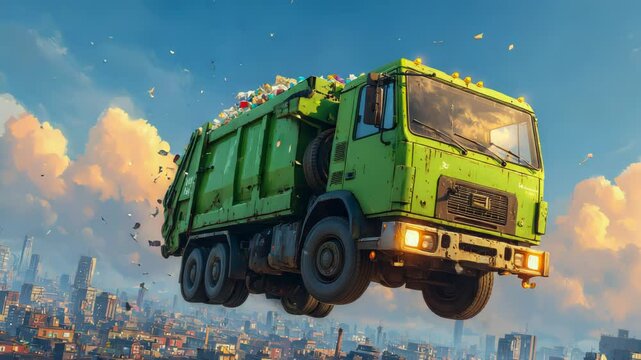 A green garbage truck floats mid-air over a city skyline, scattering trash and defying gravity in a surreal cartoonish visual