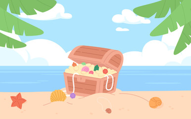 Pirate or mermaid treasures in wooden chest on sand beach. Beads, coins, gems, different shells and sea star. Cartoon treasure island vector illustration