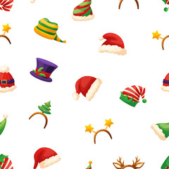Santa, elves hats. Different cartoon head accessories, Christmas and New Year decorations. Festive vibrant winter holidays print for fabric, vector background