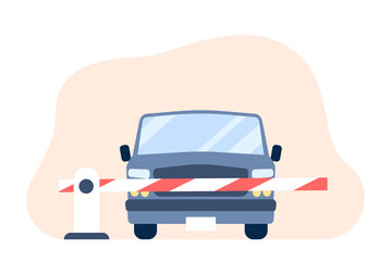 Car barrier. Auto parking concept, park zone with red white stripes closed barrier. Automobile passes on paid parking, stop border recent vector flat scene