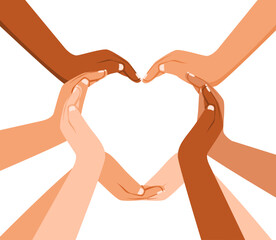 Unity and diversity forming heart of a diverse group of people connected together as a supportive symbol of sense of and togetherness. Diverse Hands Forming Heart Symbol of Unity, Love, Friendship