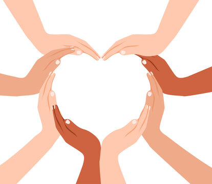 Unity and diversity forming heart of a diverse group of people connected together as a supportive symbol of sense of and togetherness. Diverse Hands Forming Heart Symbol of Unity, Love, Friendship