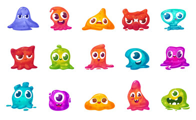 Cartoon slimy monsters. Funny jelly aliens different emotions. Liquid fantastic creatures, multicolored monster. Children mascots nowaday vector set