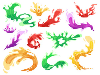 Cartoon juicy splashes. Juice splash vibrant colors, isolated liquid waves. Grape apple orange lemonade, sweet seasonal drinks nowaday vector elements