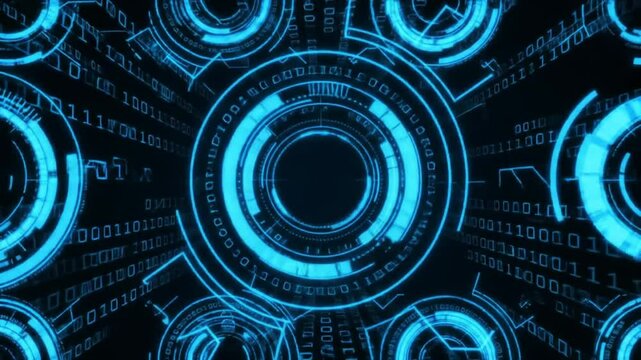 Seamless sci-fi user interface background with animated circular HUD elements, digital lines and binary codes flowing, blue neon glow, perfect for tech intros and modern presentations.