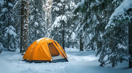 Winter camping scene with bright orange tent among snow-covered trees in peaceful wilderness