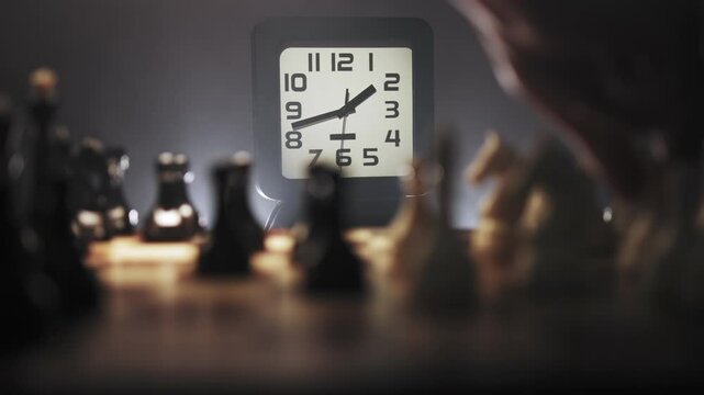 Timelaps chess game with chess pieces and white clock on background