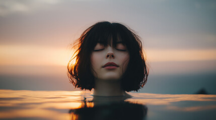 Young Woman with Short Dark Hair Floating in Water at Sunset, A Sleep Dreaming